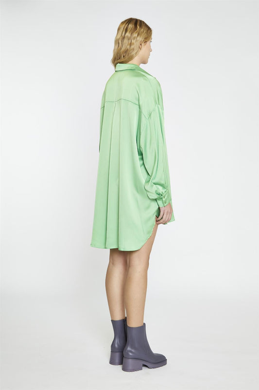 Apple-Green-Sateen Shirt Oversized Mini-Dress
