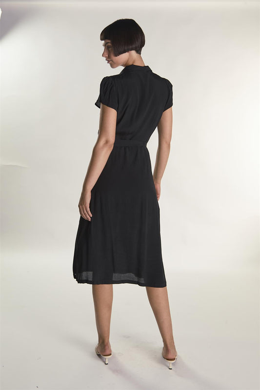 Black Short-Sleeve-Button-Front-Wrap Midi-Dress