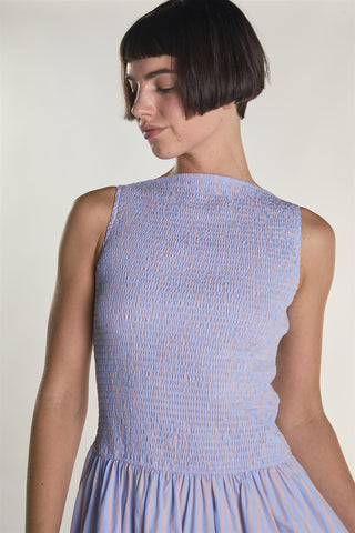 Blue Orange Stripe Slash Neck Shirring Midaxi Dress