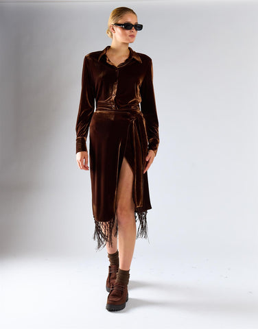 Brown Velvet Fringe Hem Skirt