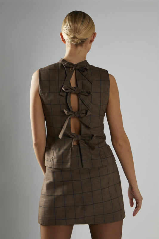 Brown-Check Bow-Back Top