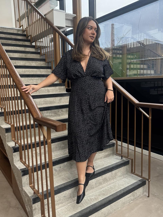 V - Neck Maxi Dress - Black White Dot