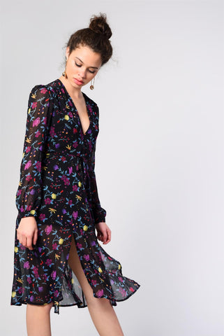 Black Watercolour-Floral Leg-Split Midi-Dress