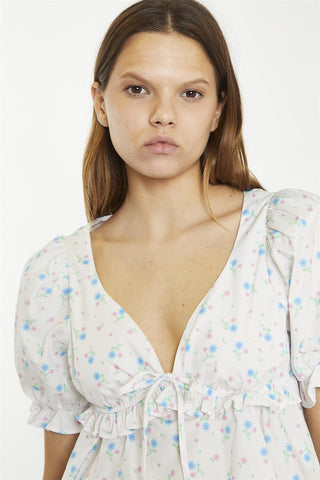 White/Blue/Pink Ditsy V-Neck Crop-Top