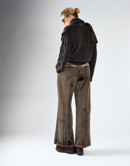 Grey Khaki Pleated Wide-Leg Trousers