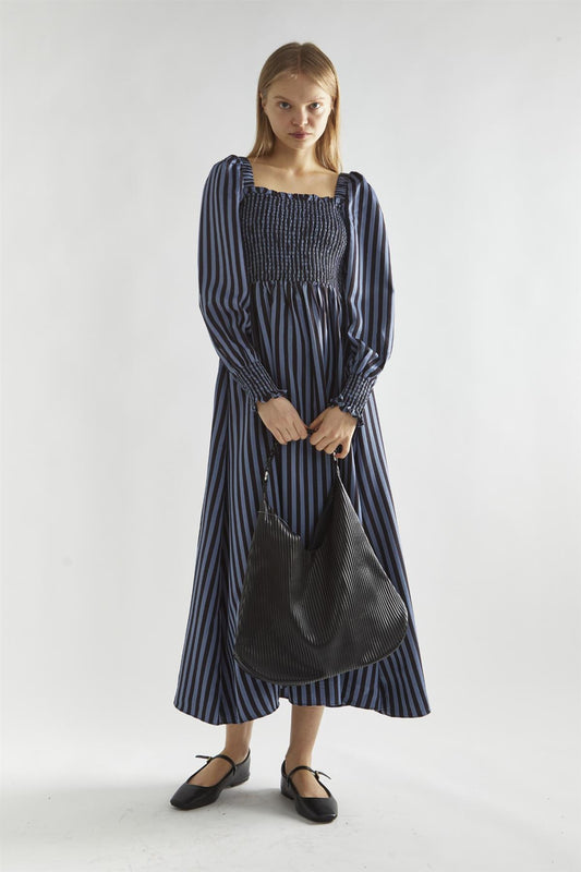 Blue-Black Stripe Shirred Midi-Dress