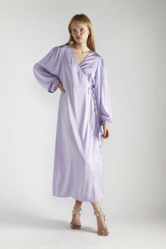 Lilac-Satin Wrap Midi-Dress