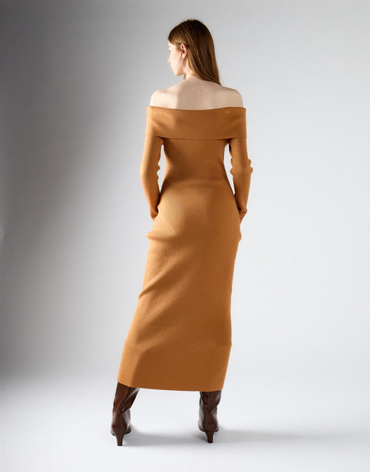 Tan Bardot Knitted Maxi Dress