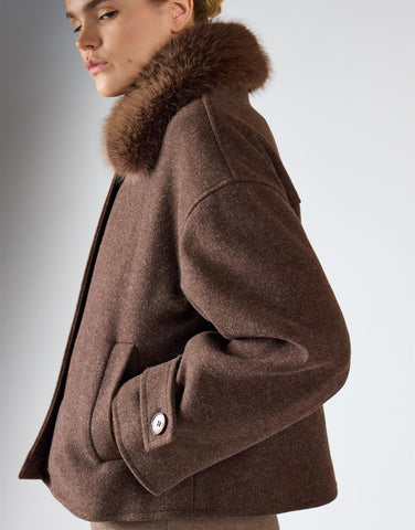 Brown Marl Plush Faux-Fur Collar Jacket