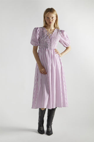 White-Purple-Stripe Tie-Front Midi-Dresses