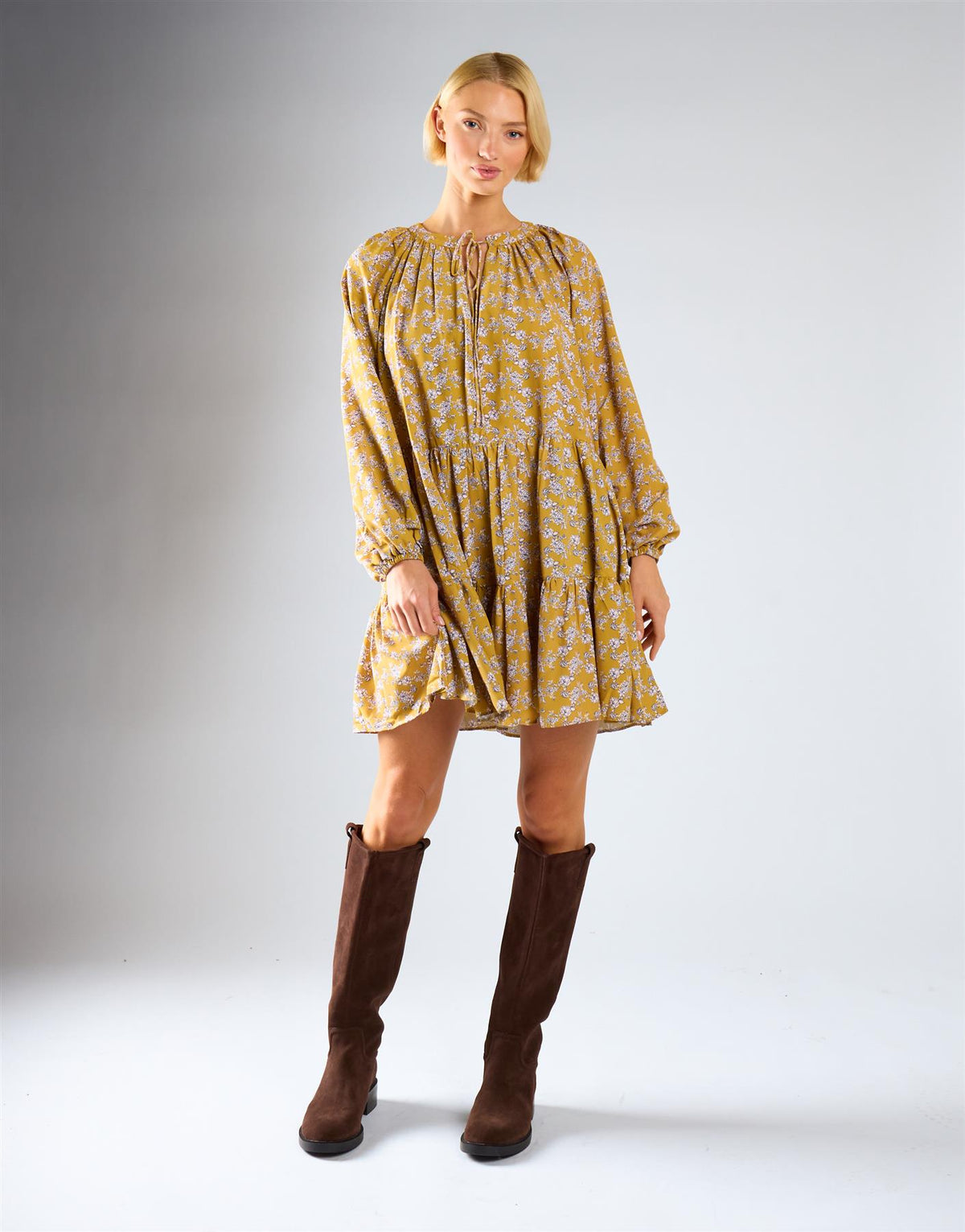 Ochre Floral Long Sleeve Floaty Dress