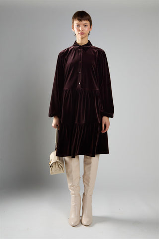 Brown Velvet A-Line Long Sleeve Midi Dress