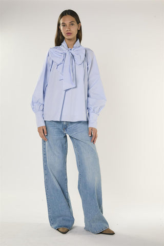 Blue Micro Check Raglan Volume Sleeve Blouse