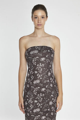 Brown-Floral Mesh Bandeau Midi-Dress