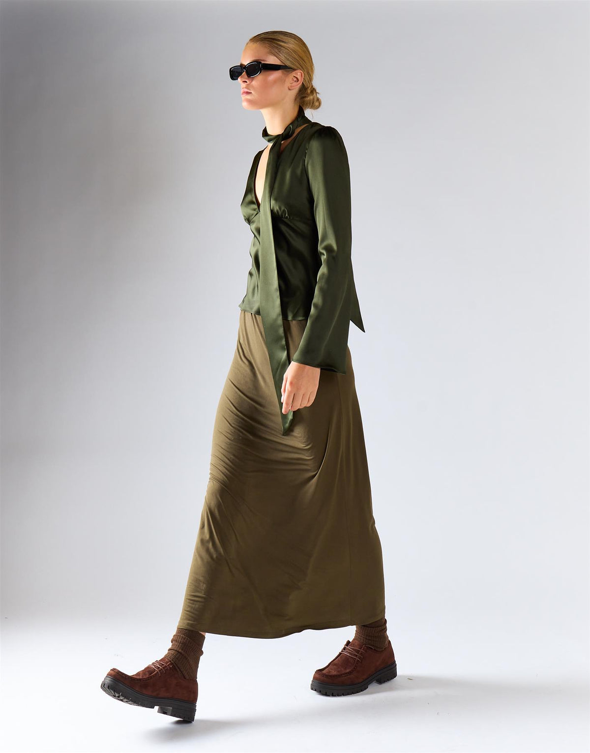 Deep Khaki V-Neckline Tie Blouse