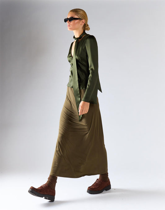 Deep Khaki V-Neckline Tie Blouse