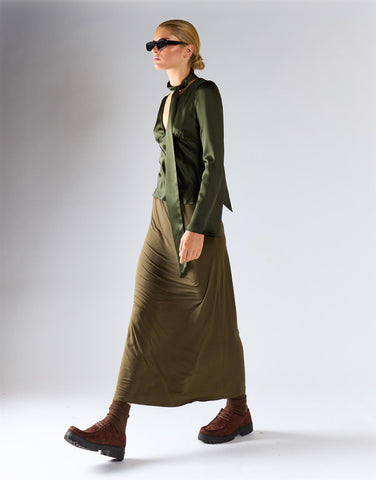 Deep Khaki V-Neckline Tie Blouse