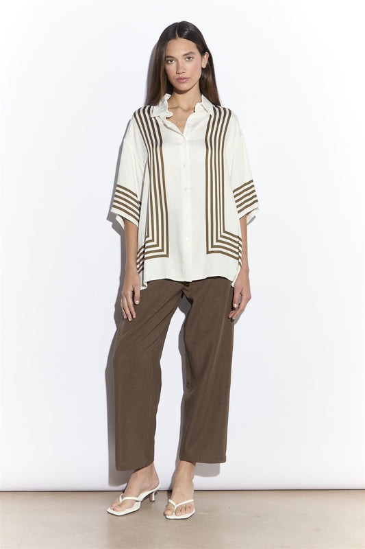 Cream Olive Stripe Short Sleeve Shirt