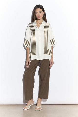 Cream Olive Stripe Short Sleeve Shirt