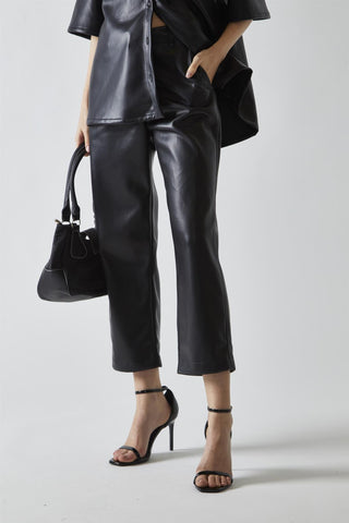 Black-PU Straight Fit Crop Trousers