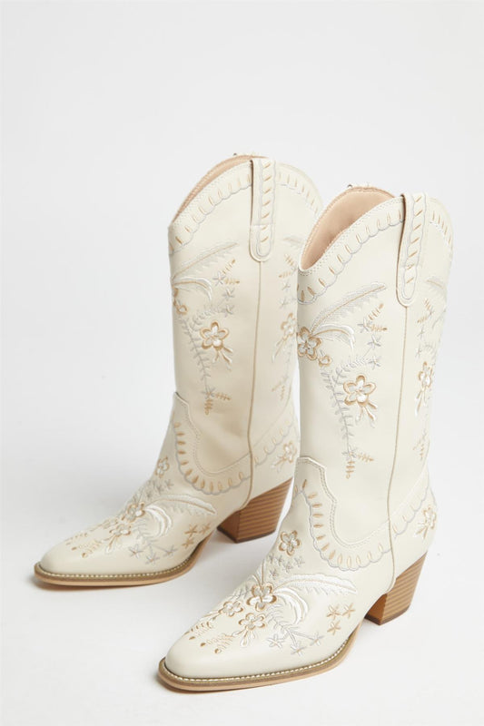 Cream Embroidered Cowboy-Boots