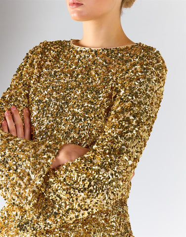 Gold Sequin Back-Keyhole Long-Sleeves Top
