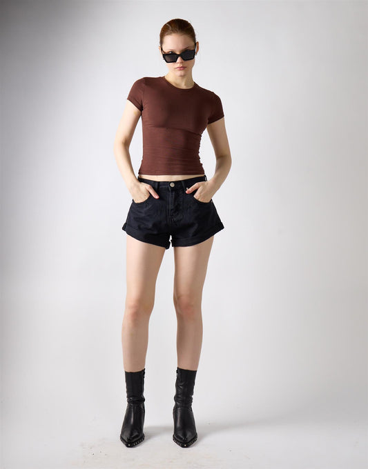Washed Black Button Denim Shorts