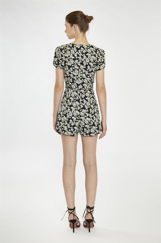 V Neck Short Sleeve Playsuit - Black Grey Flower