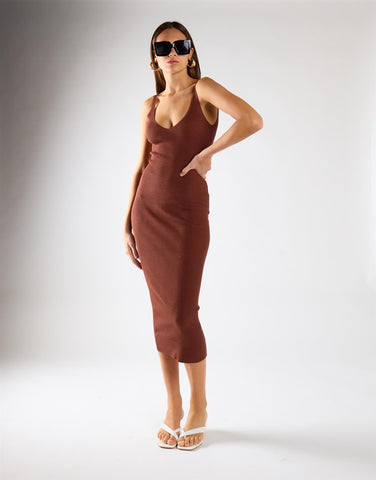 Reddish Brown Ribbed V-Neck Midi Dress