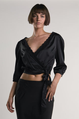 Black Satin-Crossover-Tie Crop-Top