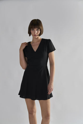 Black V-Neck Short Sleeve Mini Dress