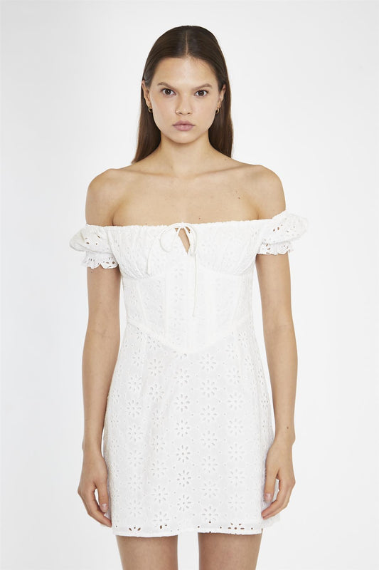 White-Broderie Bardot Corset Mini-Dress