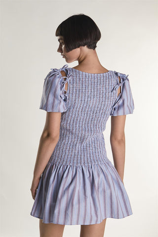 Blue Check Stripe Mini Dress with Bow Sleeves