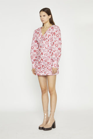 Pink Red Vintage Floral  V-Neck Mini-Dress