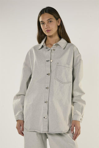 Light Grey Long Sleeve Denim Shirt with Snap On Buttons