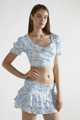 White-Blue-Floral Tiered-Scallop-Trim Mini-Skirt