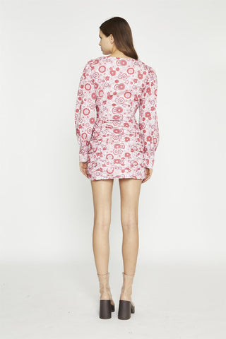 Pink Red Vintage Floral  V-Neck Mini-Dress