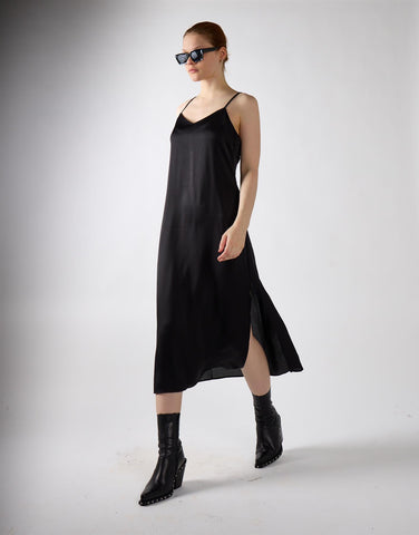 V-neck Open Back Midi Dress - Black Sateen