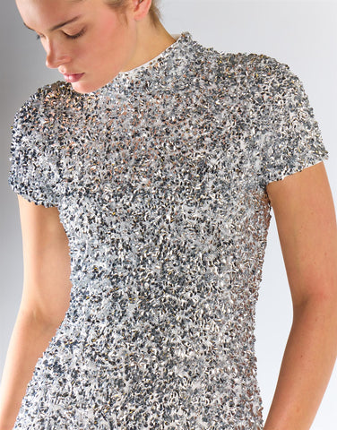 Silver Sequin Short-Sleeves High-Neck Midi Dress