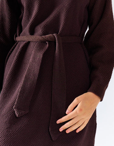 Walnut Belted Long-Sleeves Knit Midi Dress