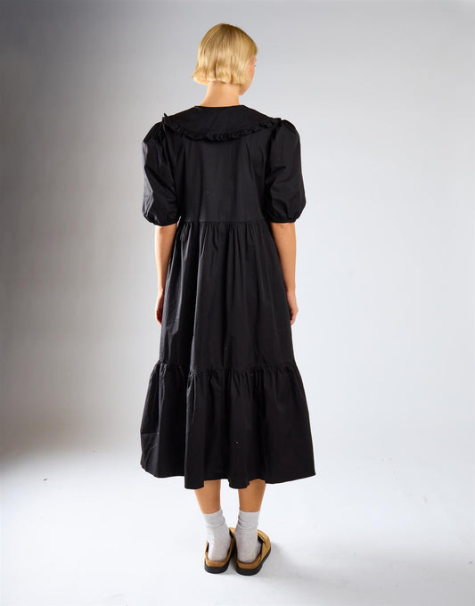 Black V-Neck Ruffle Collar Midi Dress