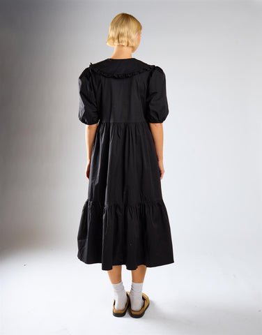Black V-Neck Ruffle Collar Midi Dress