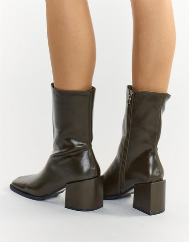 Olive Square Toe Block Heel Ankle Boots