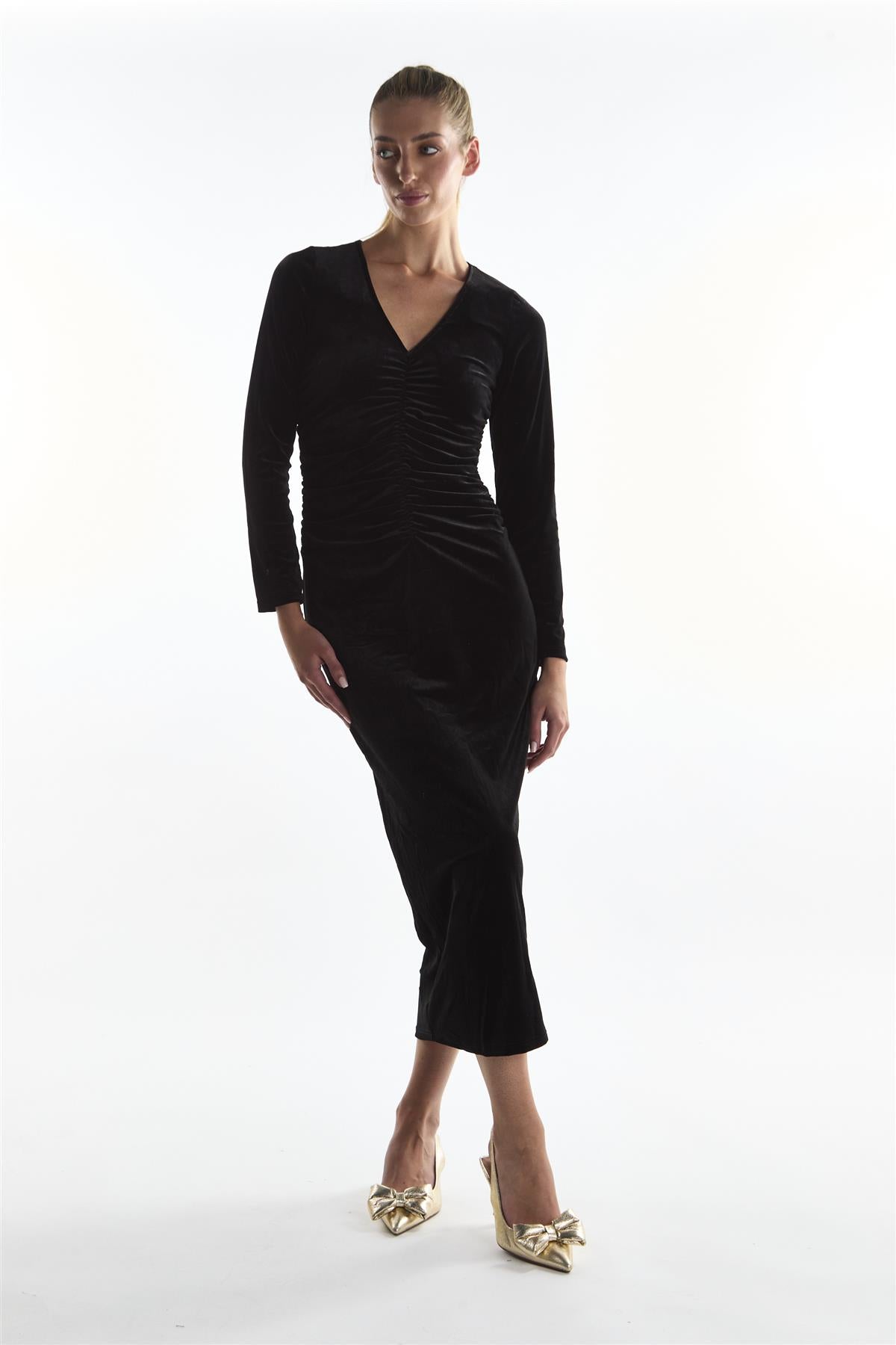 Ruched Front Maxi Dress - Black Velvet