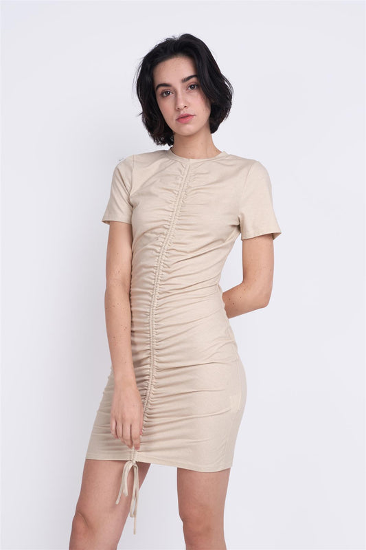 Light-Stone Round-Neck-Short-Sleeves Mini-Dresses