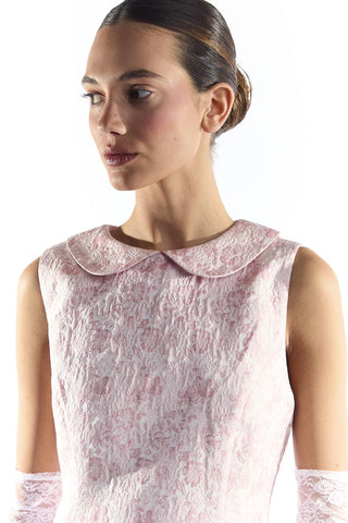 Pink Floral Brocade Collared Mini Dress with Dropped Waist
