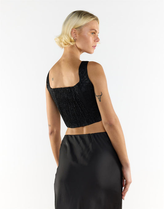 Corset Style Crop Top in Black Brocade