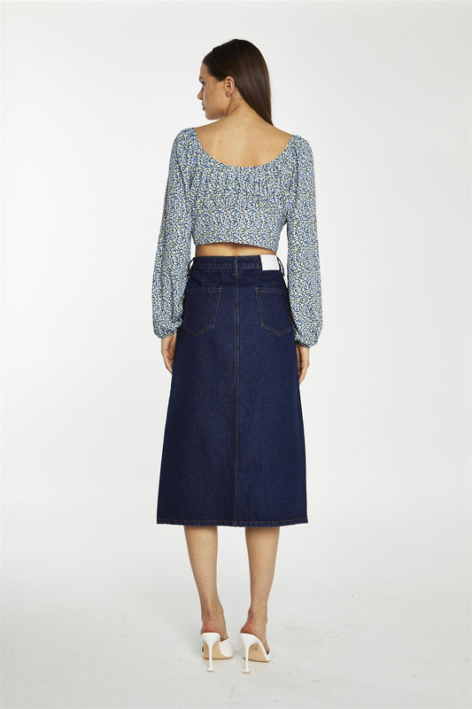 Indigo-Wash Denim Midi-Skirt