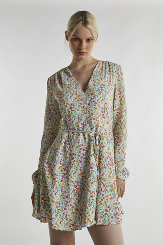 Citron-Orchid-Ditsy Long-Sleeve Mini-Dress