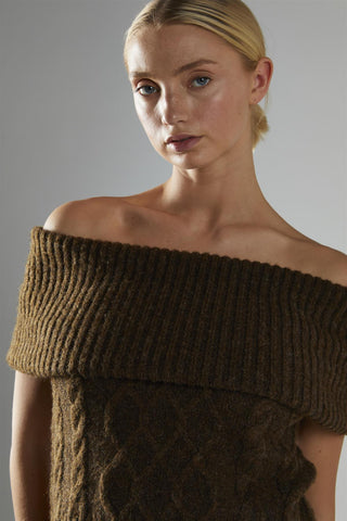 Dark-Brown Bardot-Cable-Knit Jumper